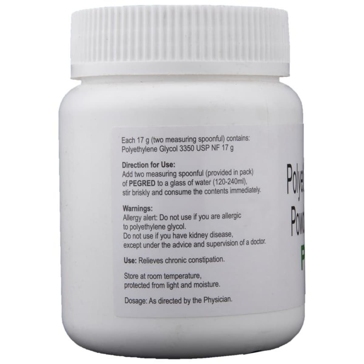 Pegred Polyethylene Glycol 3350 Oral Solution Powder pack side view