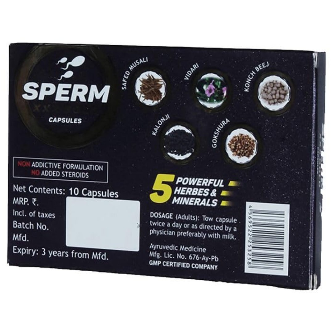 Sperm XXX Gold Capsules back of pack showing herbal ingredients and dosage