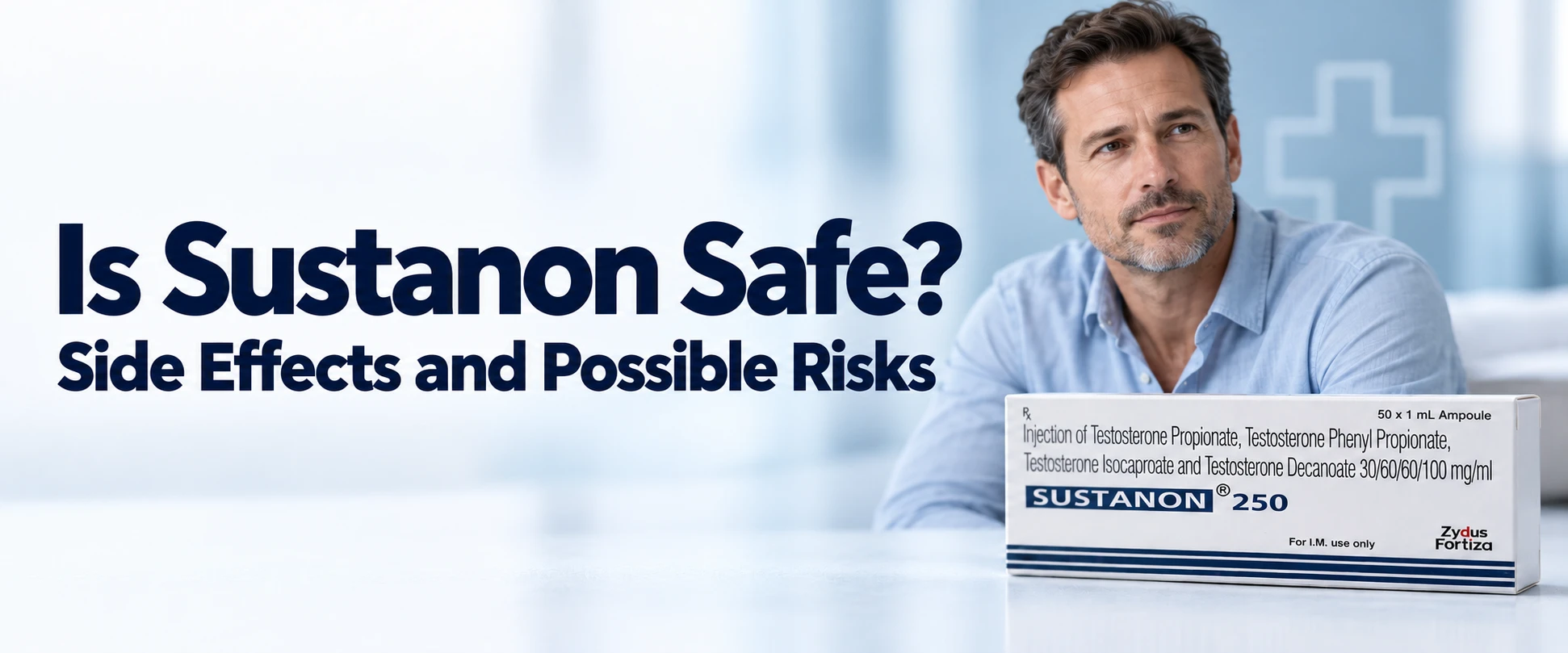 Is Sustanon Safe - Side Effects and Possible Risks banner with Sustanon 250 injection box