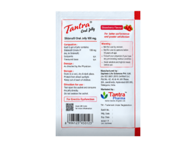 Tantra Oral Jelly 100mg sachet back showing composition, dosage and warnings