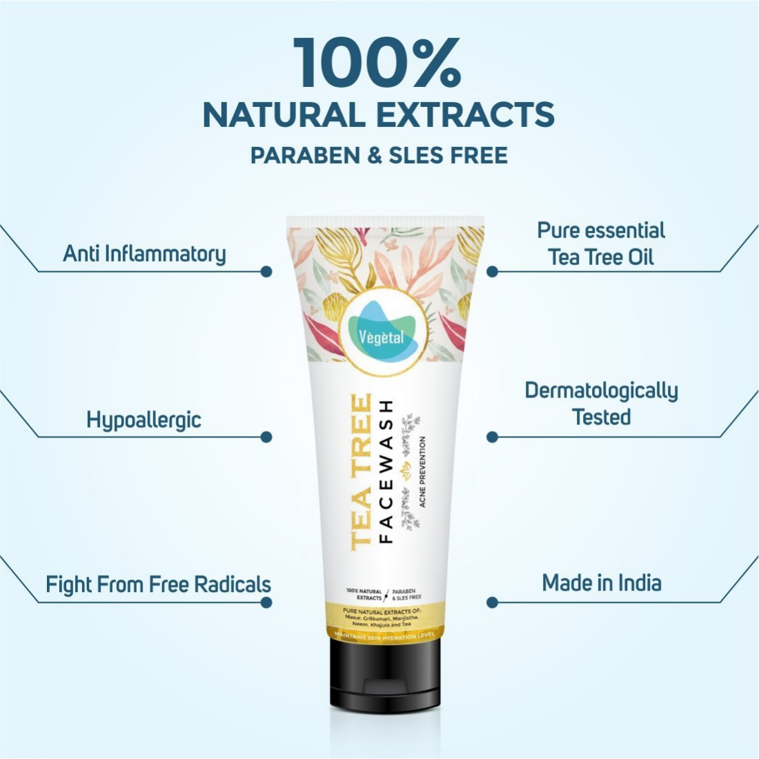 Vegetal Tea Tree Face Wash natural extracts and key claims