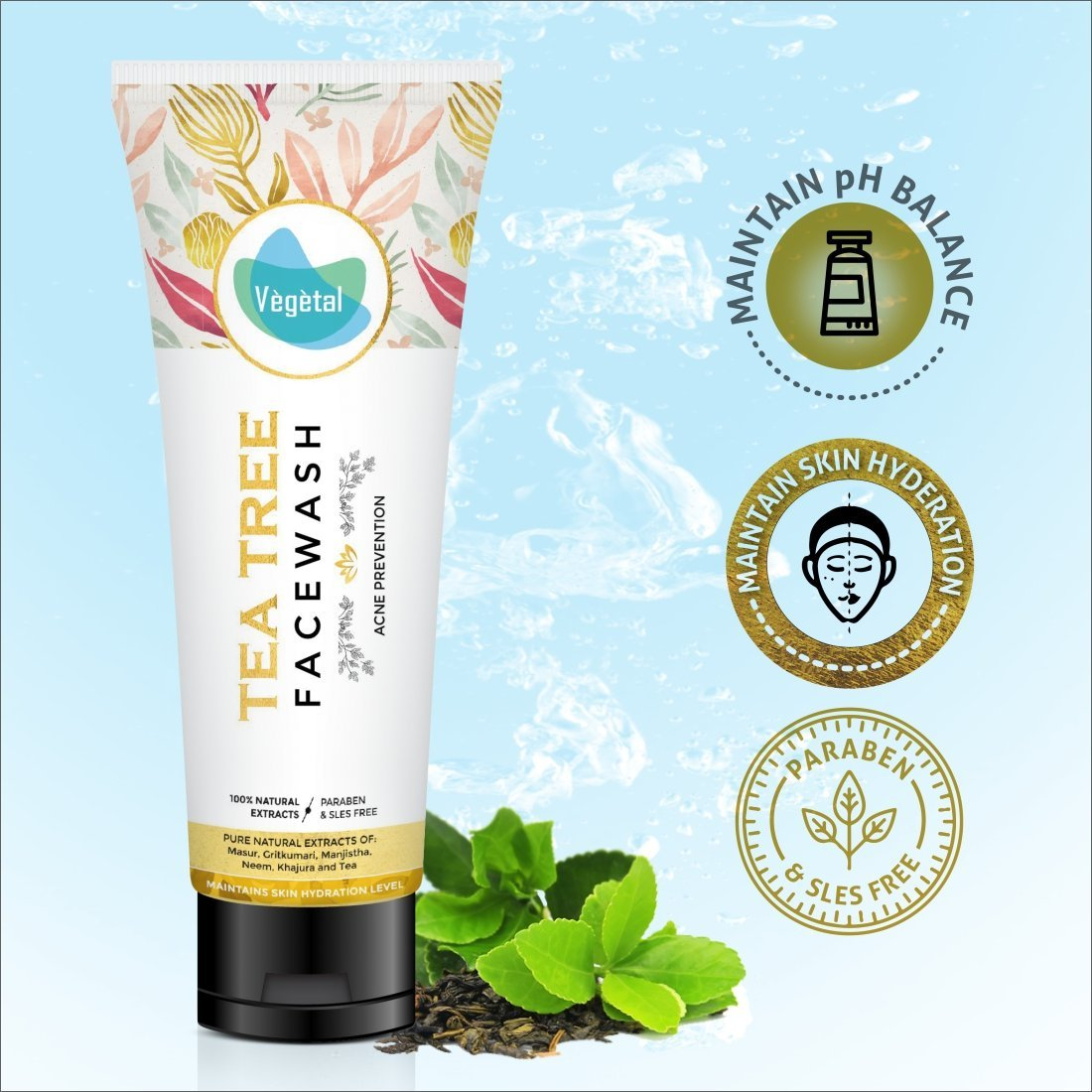 Vegetal Tea Tree Face Wash pH balance and paraben free benefits