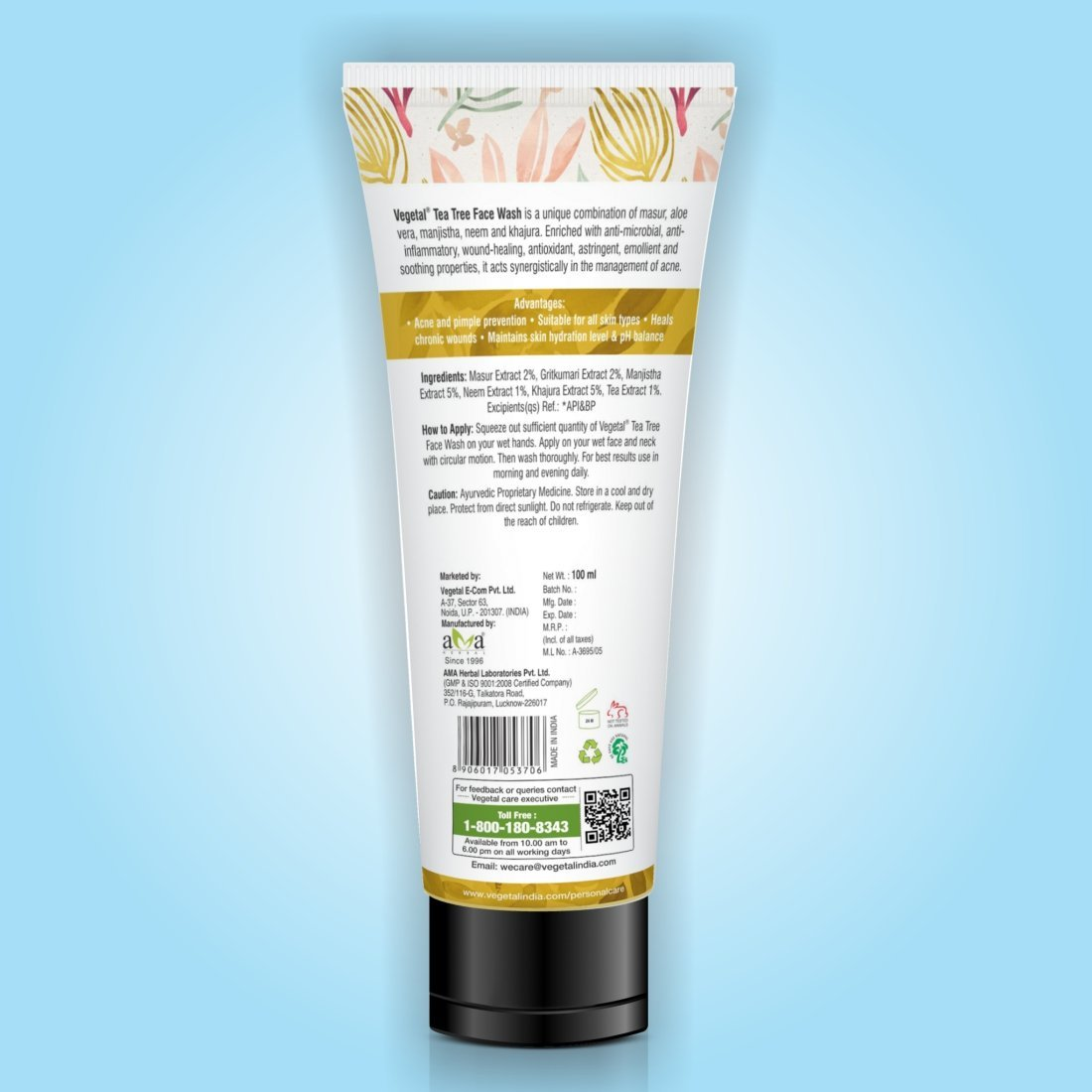 Vegetal Tea Tree Face Wash ingredients and directions panel