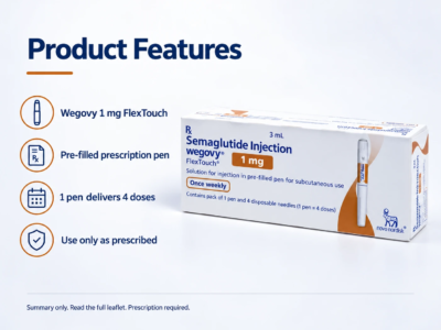 Wegovy 1mg Injection product features - 1 mg FlexTouch pre-filled semaglutide pen, 1 pen delivers 4 doses