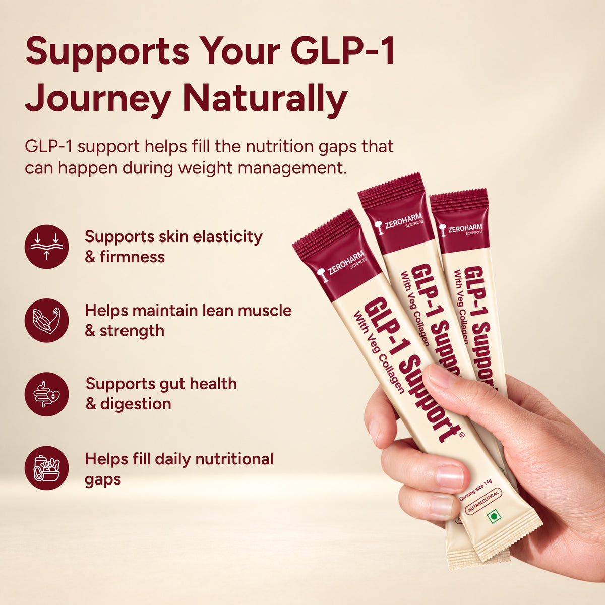 Zeroharm GLP-1 Support Plus Collagen Sachet pack side view