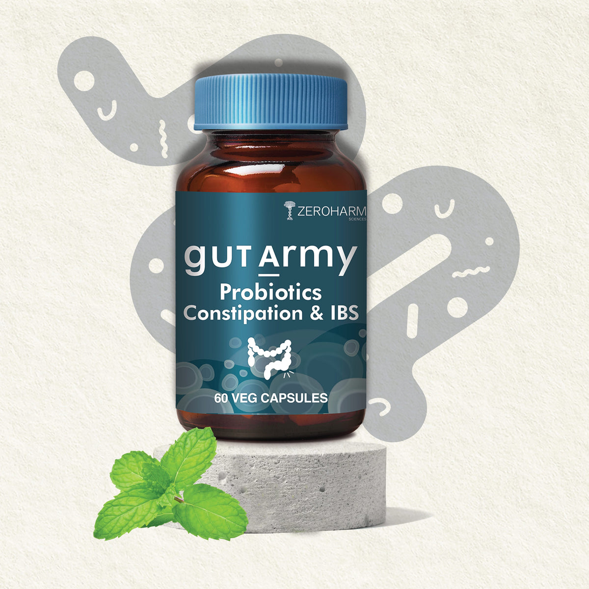 Zeroharm Gut Army Constipation and IBS Probiotic Capsules pack front view
