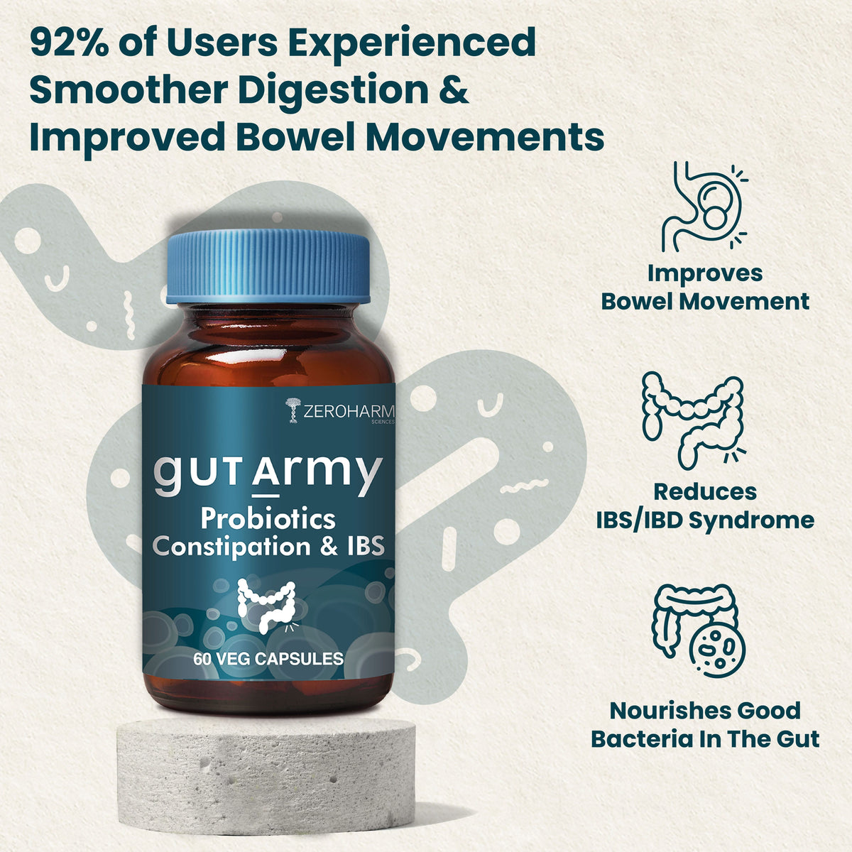 Zeroharm Gut Army Constipation and IBS Probiotic Capsules pack side view