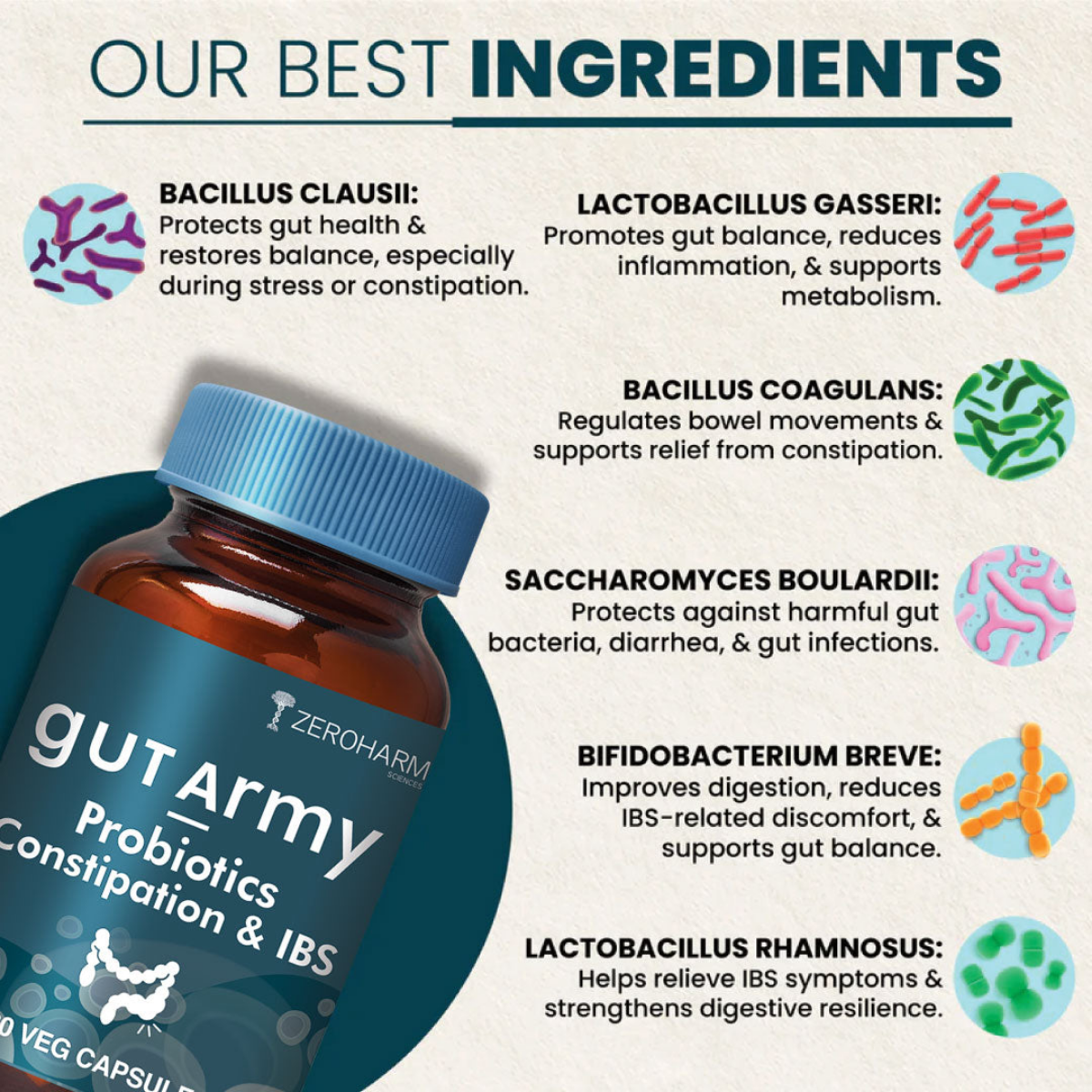 Zeroharm Gut Army Constipation and IBS Probiotic Capsules pack back view