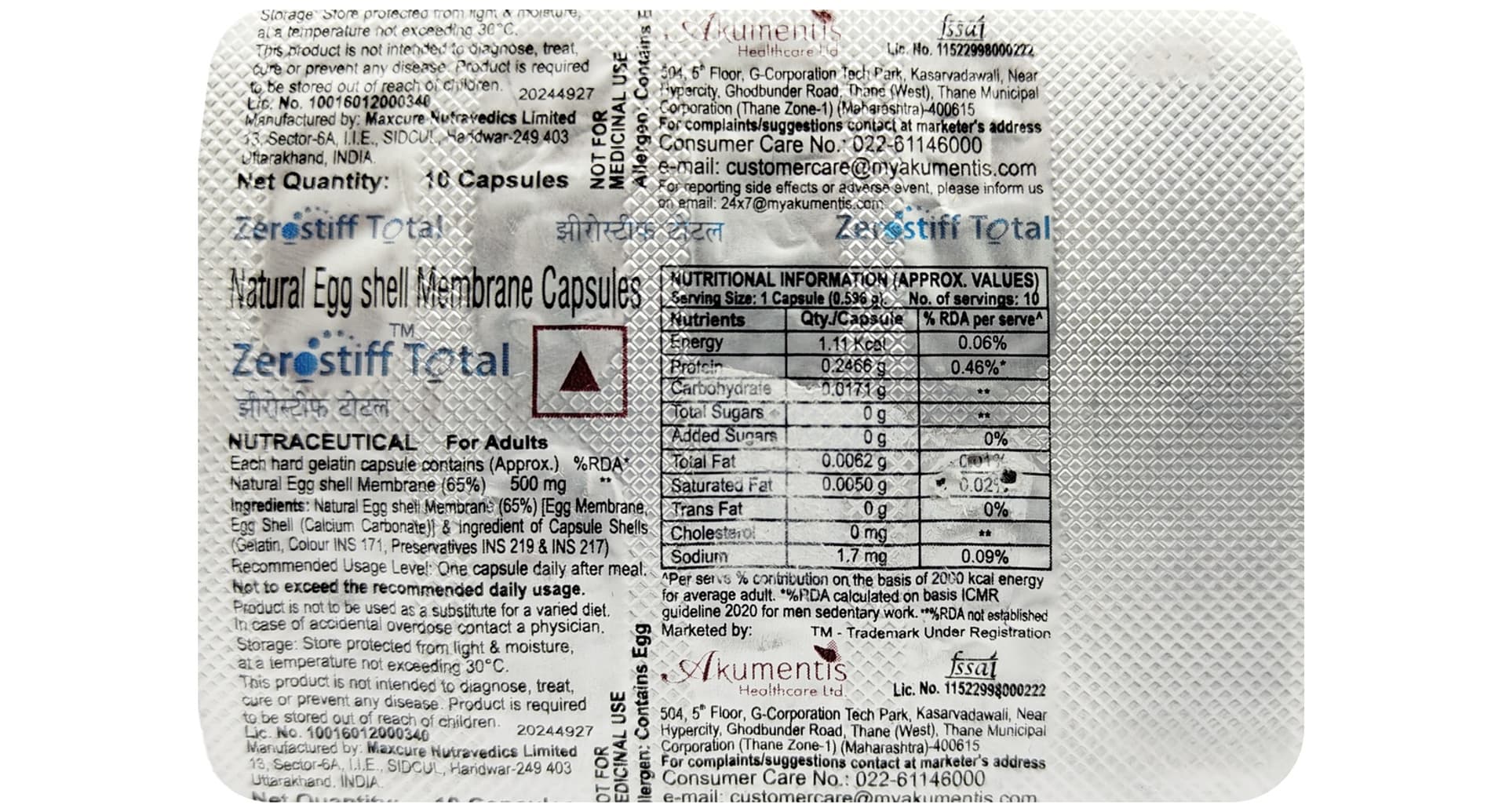 Zerostiff Total Natural Eggshell Membrane Protein Capsule